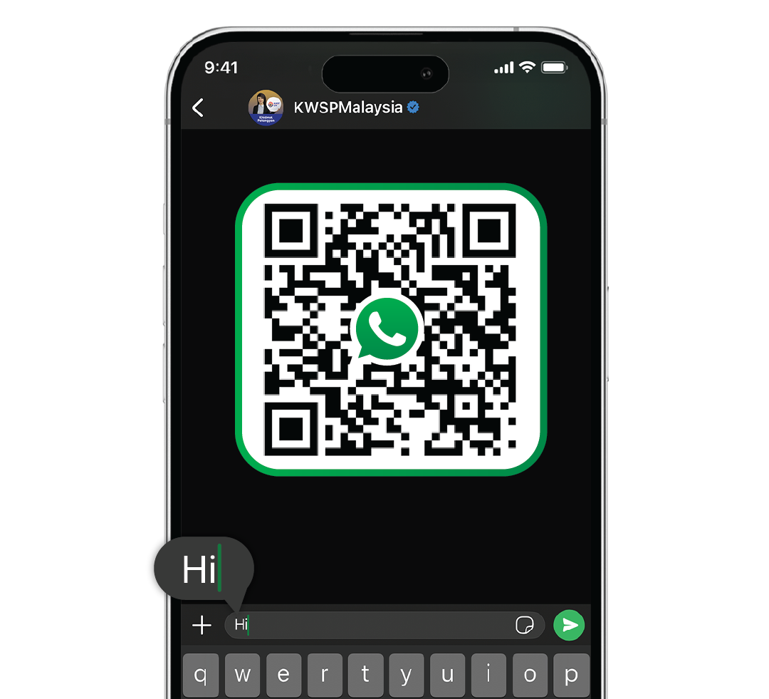 Smartphone showing QR code with green WhatsApp logo, text “Hi” to KWSPMalaysia on black background.